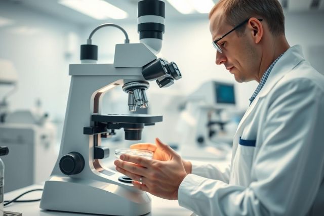 Scientist in a modern lab examining a slide under a microscope. Wearing glasses and a white coat, he's focused on research and analysis in a clean, bright environment. Science, laboratory, microscopy, and research are key themes.