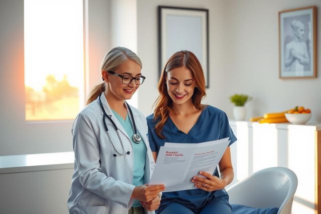 Doctor and patient reviewing documents in a modern clinic. Healthcare professional in white coat, patient in scrubs, bright and clean environment, focus on medical consultation.