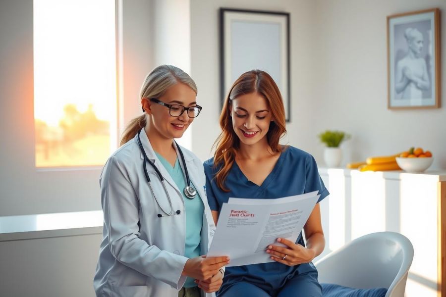 Doctor and patient reviewing documents in a modern clinic. Healthcare professional in white coat, patient in scrubs, bright and clean environment, focus on medical consultation.