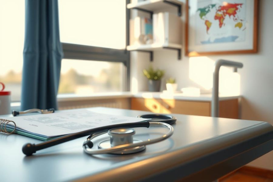 Medical office scene with a stethoscope on a desk, suggesting a healthcare setting.  Bright, natural light illuminates the room, creating a clean and professional atmosphere.