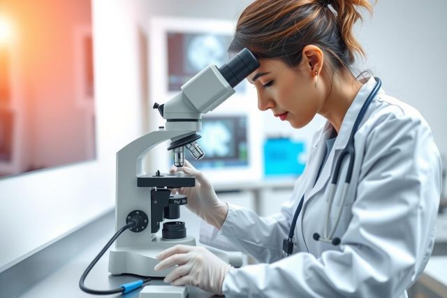 Scientist in lab coat examining a microscope. Close-up view of the equipment in a modern laboratory setting. Research, science, and healthcare theme.
