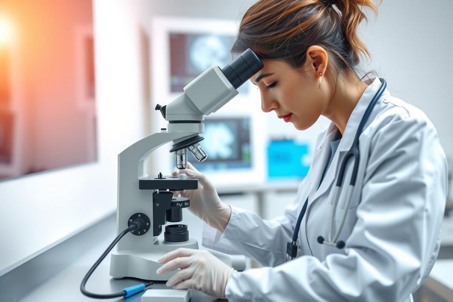 Scientist in lab coat examining a microscope. Close-up view of the equipment in a modern laboratory setting. Research, science, and healthcare theme.