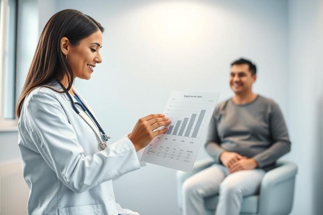 Doctor discussing medical chart with patient in a bright, modern clinic. A female physician in a white coat explains results, fostering a positive healthcare consultation. Focus on patient care, medical analysis, and professional medical setting with soft blue and white tones.