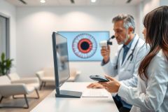 Ophthalmologist examining an eye image on a computer screen in a modern clinic. A medical assistant assists. Focus on eye health, diagnosis, and professional healthcare setting. Bright, clean environment with muted colors.