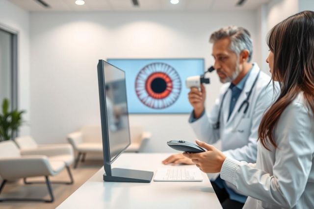 Ophthalmologist examining an eye image on a computer screen in a modern clinic. A medical assistant assists. Focus on eye health, diagnosis, and professional healthcare setting. Bright, clean environment with muted colors.