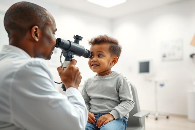 A doctor examines a young child's eyes during an eye exam in a bright, modern clinic. The image shows a pediatrician using an ophthalmoscope on a smiling toddler, highlighting child healthcare and vision care services. Predominant colors are white, gray, and skin tones.