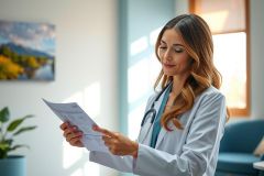 Female doctor in white coat reviewing paperwork in a modern clinic. She is smiling and focused, with a stethoscope around her neck. Bright, clean environment.