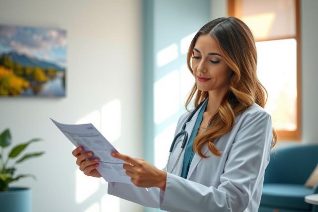 Female doctor in white coat reviewing paperwork in a modern clinic. She is smiling and focused, with a stethoscope around her neck. Bright, clean environment.