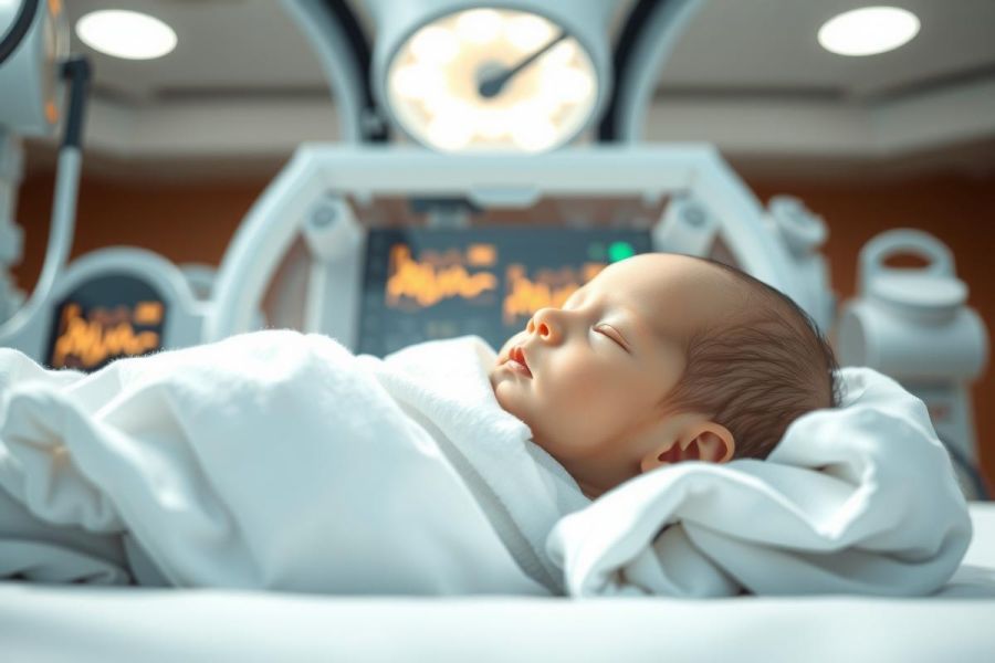 Newborn baby lying on a medical bed, surrounded by surgical equipment. Soft lighting highlights the infant's peaceful expression in a sterile environment. Focus on healthcare and infancy.