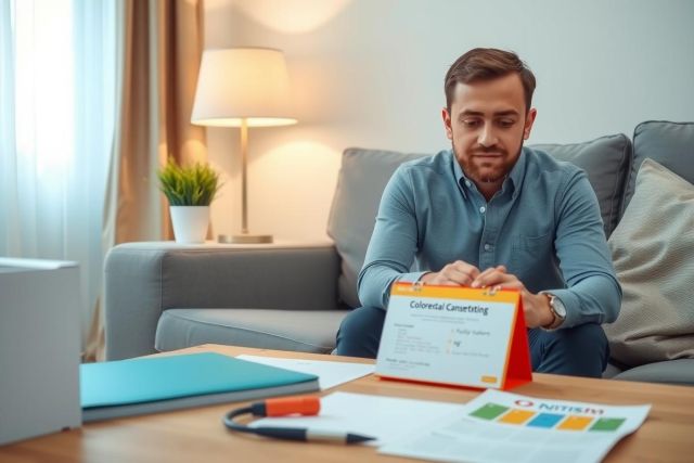 The image shows a man sitting on a couch in a home environment, wearing a casual shirt and jeans. He has his hands clasped together as if he is deep in thought or possibly solving a problem.