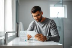 Man reading results from a rapid home COVID-19 test. The scene shows a modern bathroom setting with white surfaces and a focus on health and wellness. A gray-toned image depicting at-home testing.