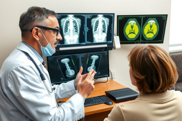 The image depicts a medical professional, presumably a doctor or radiologist, interacting with a patient. The healthcare worker is standing in front of a patient who is seated and facing away from the camera. They are engaging in conversation, possibly discussing medical imaging results shown on computer screens and printed images around them. 