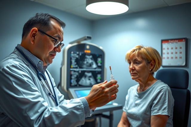 The image depicts a healthcare professional in a hospital setting, possibly preparing to administer a medical test or treatment. The professional is wearing a white coat, signifying their role as a doctor or nurse. The patient, presumably a woman based on the anatomical features visible, is seated and appears to be cooperating with the procedure. In the background, there's medical equipment indicative of a clinical environment, such as a stethoscope. The color palette is muted, emphasizing the seriousness of the situation.