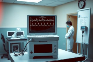 This image shows a medical setting featuring a heart monitor displaying a clear and steady heartbeat line. A healthcare professional is standing nearby, likely monitoring the patient's condition. 