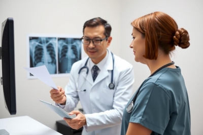 In the image, we see a medical office setting with a male doctor and female nurse. The doctor is holding a clipboard with patient information while standing next to the nurse who appears to be reviewing the data on the clipboard. They are both dressed in professional attire appropriate for their roles, suggesting they may be discussing treatment or diagnosis plans.
