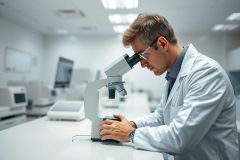 Scientist in a modern laboratory using a microscope. The image showcases a male researcher in a white coat, focused on scientific analysis within a clean, bright, and technologically advanced research environment. Features lab equipment and a sterile setting.