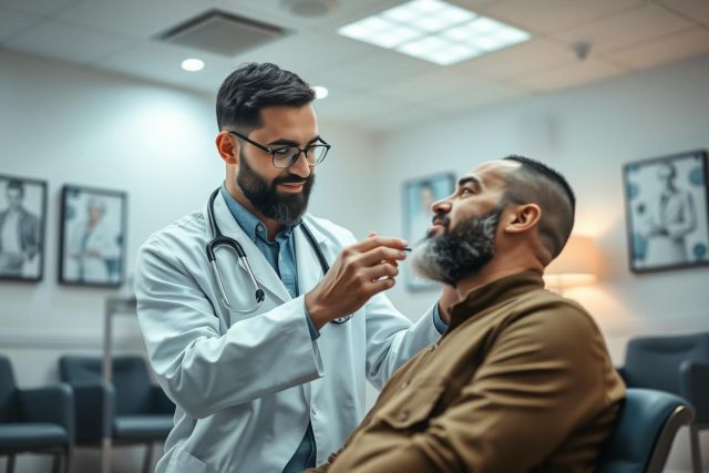 Doctor examining a patient in a modern clinic. A male physician wearing a white coat and stethoscope checks a man's throat. The scene features a clean, neutral color palette with blue and gray tones, depicting a healthcare consultation in a professional medical setting.