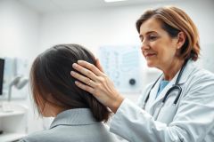 Doctor comforting a patient in a medical clinic. The scene features a female doctor in a white coat with a stethoscope, gently touching the patient's shoulder. The environment is a bright, modern examination room with a vision chart visible in the background. Focus on healthcare, empathy, and patient care.