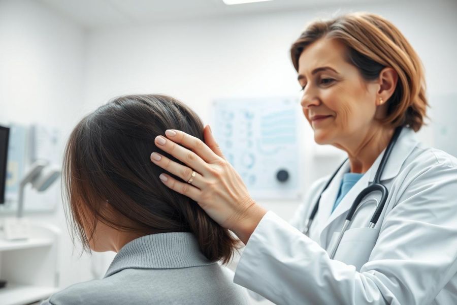 Doctor comforting a patient in a medical clinic. The scene features a female doctor in a white coat with a stethoscope, gently touching the patient's shoulder. The environment is a bright, modern examination room with a vision chart visible in the background. Focus on healthcare, empathy, and patient care.