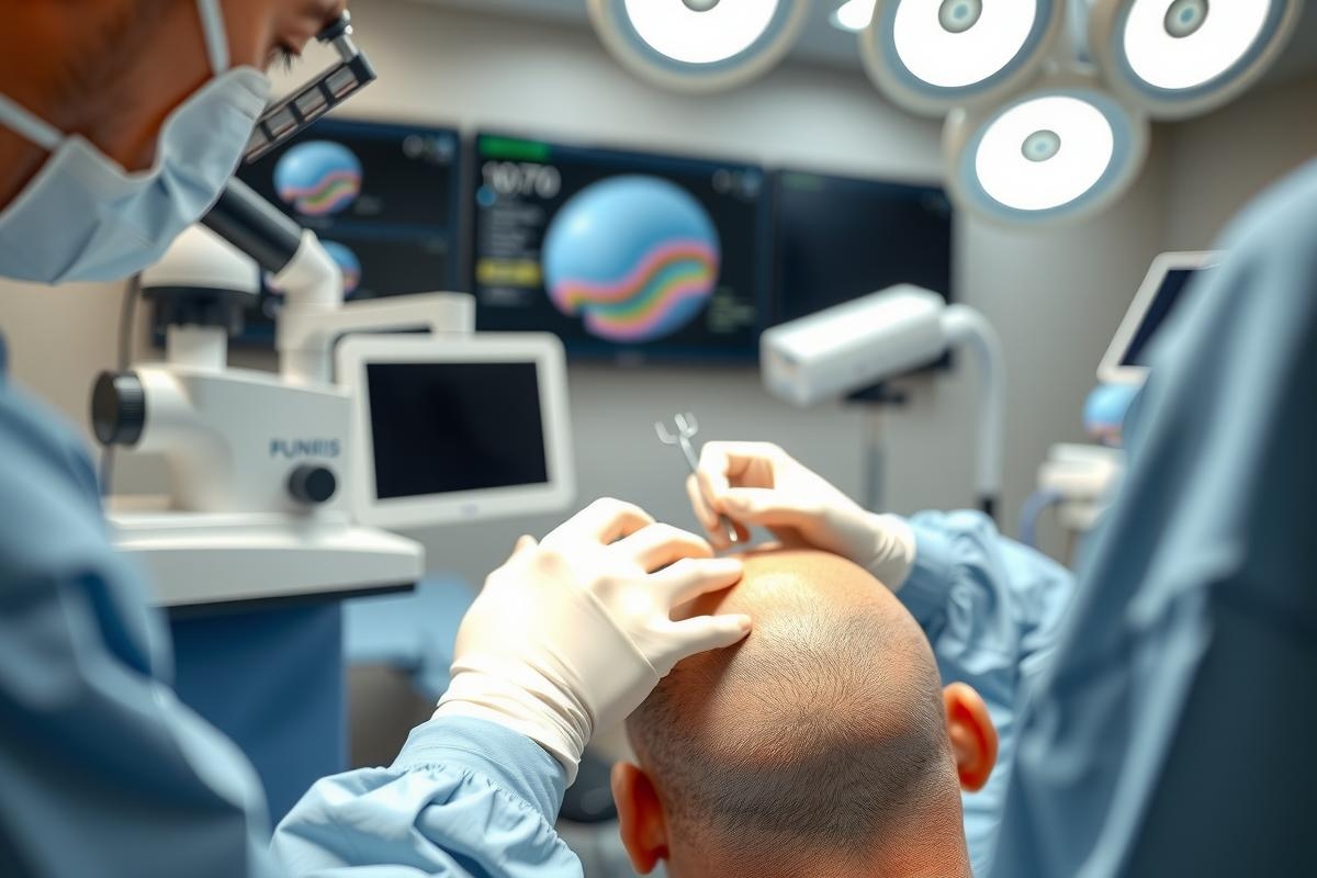 The image depicts a medical setting where three healthcare professionals are performing a procedure on a patient's head. The room is equipped with various medical instruments and monitors, indicating a well-equipped and professional environment.
