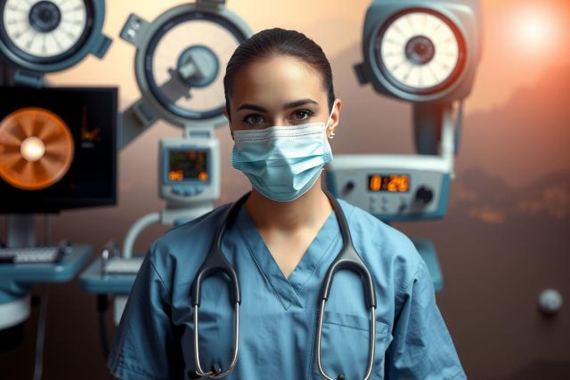 The image features a female medical professional wearing protective face gear, likely including an apron. She stands in what appears to be a high-tech medical setting with various monitoring equipment, such as ECG machines and patient monitors.
