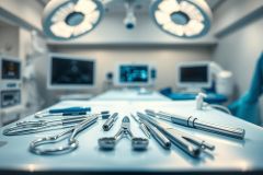 Surgical instruments laid out on a sterile operating room table. Bright overhead lights illuminate the stainless steel tools against a blurred background of monitors and medical equipment. A clean, clinical environment evokes a sense of precision and healthcare.