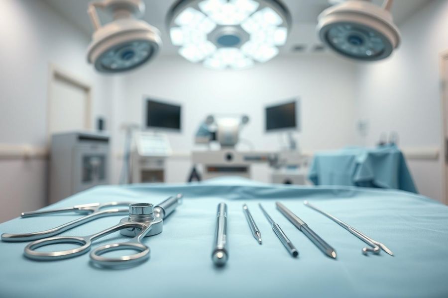 Surgical instruments arranged on a sterile blue drape in an operating room. Bright overhead lights illuminate the scene, highlighting stainless steel tools. A blurred background shows medical equipment and monitors, conveying a clinical, healthcare setting. Focus on surgical tools, operating theater, medical equipment.