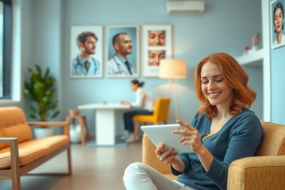 The image shows a woman in a comfortable living room, seated on a couch. She is holding a tablet and appears to be enjoying some content on it. The atmosphere suggests a casual, relaxed setting, possibly in her home or a similar informal environment.