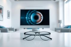 Glasses resting on a desk in a modern office setting, with a computer screen displaying an eye anatomy graphic. Focus on eye health, vision care, and technology. Neutral colors and clean design.