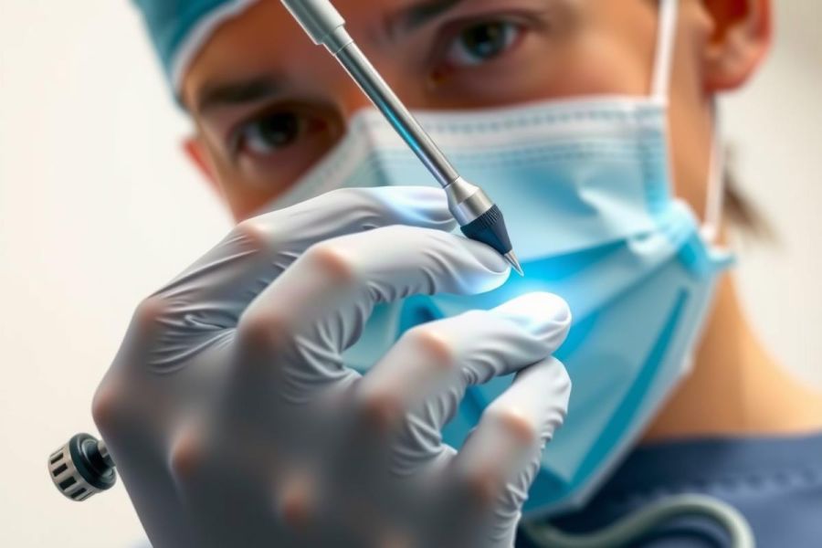 Close-up of a surgeon's hands in gloves holding a surgical instrument, with a blue surgical mask visible. Focus on medical tools and procedures, highlighting precision and sterile environment.