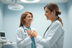 Two smiling female doctors in a bright, modern medical clinic. One doctor is placing a hand on her chest, possibly signifying empathy or care. Blue walls and medical equipment visible. Healthcare professionals, doctor patient interaction, medical examination.