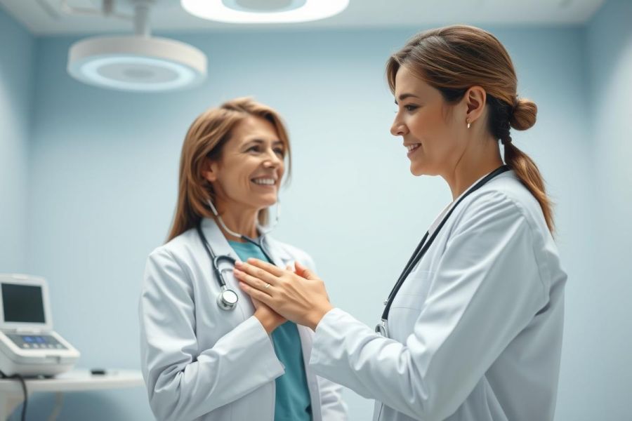 Two smiling female doctors in a bright, modern medical clinic. One doctor is placing a hand on her chest, possibly signifying empathy or care. Blue walls and medical equipment visible. Healthcare professionals, doctor patient interaction, medical examination.