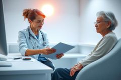 Doctor consults with a patient in a medical office. Healthcare professional reviewing paperwork while patient sits comfortably. Focus on patient care and medical consultation.