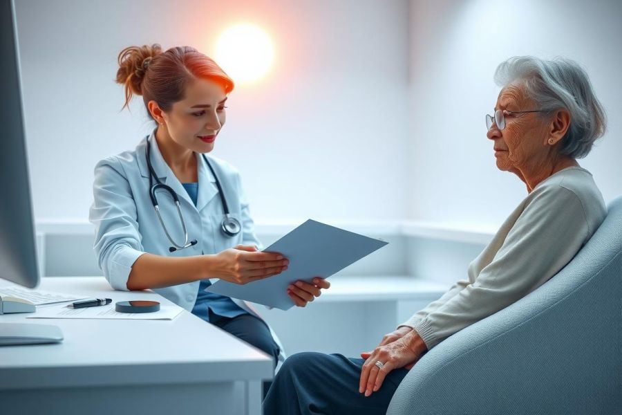Doctor consults with a patient in a medical office. Healthcare professional reviewing paperwork while patient sits comfortably. Focus on patient care and medical consultation.