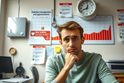 The image features a young man sitting at an office desk. He appears to be deep in thought or possibly experiencing some form of distress.