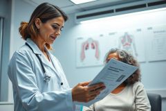Doctor reviewing patient medical records in a bright, modern clinic. The image shows a female doctor in a white coat, stethoscope visible, discussing paperwork with a patient. Healthcare, medical consultation, and patient care themes are present with a focus on professional medical setting.