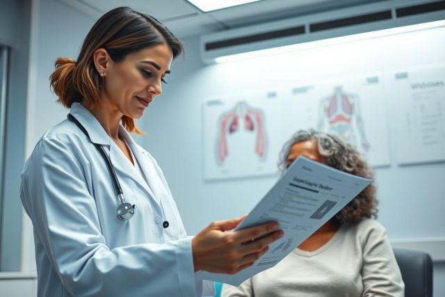 Doctor reviewing patient medical records in a bright, modern clinic. The image shows a female doctor in a white coat, stethoscope visible, discussing paperwork with a patient. Healthcare, medical consultation, and patient care themes are present with a focus on professional medical setting.
