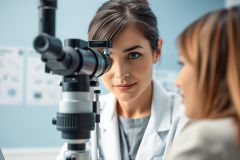 An optometrist examines a patient's eyes using a black and silver refraction equipment in a bright, modern clinic. The scene depicts an eye exam, featuring healthcare professionals and medical technology with a calming blue background.