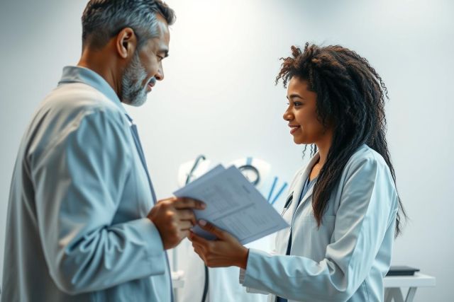 Doctor and patient interaction in a clinical setting. A female doctor in a white coat hands documents to a male patient with gray hair. Healthcare, medical consultation, and patient care are key themes in this image with a light, neutral color palette.