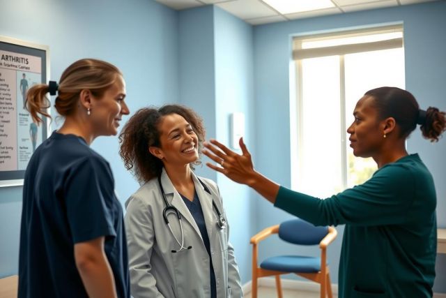 Two women, one in scrubs and the other in casual wear, converse in a medical office setting. The scene features a blue wall, a chair, and natural light. Healthcare professionals discussing patient care.