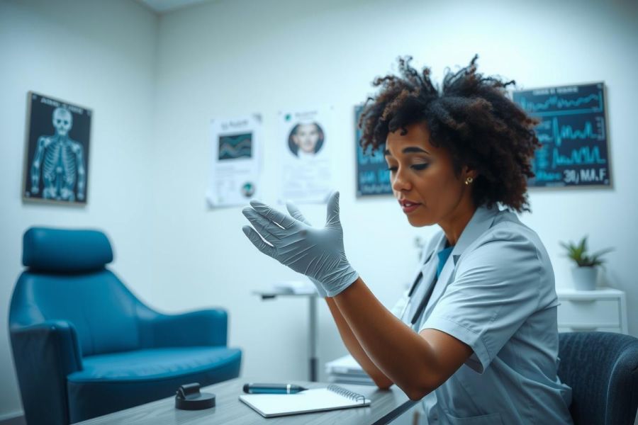 Healthcare professional in scrubs and gloves examines a patient in a modern exam room. Blue chair and medical equipment visible in the background. Focus on care and medical setting.
