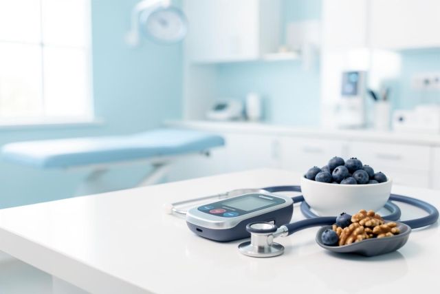 Medical equipment including a stethoscope and blood pressure monitor rests on a clean white surface alongside healthy foods like blueberries and walnuts. Set against a soft blue blurred doctor's office background, the image highlights the link between clinical healthcare and a nutritious diet for wellness.