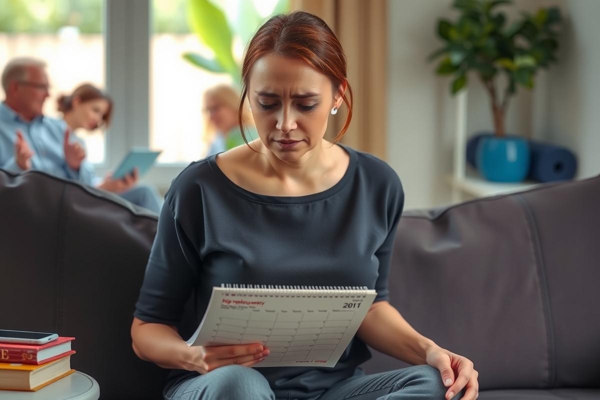 A woman is sitting on a black sofa, wearing a grey shirt. She appears to be looking at or reading a paper calendar.
