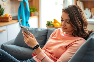 The image shows a young woman sitting on a couch with her legs crossed. She is looking at and holding an iPhone in her hand. The room has a cozy, lived-in feel with various decor items around.