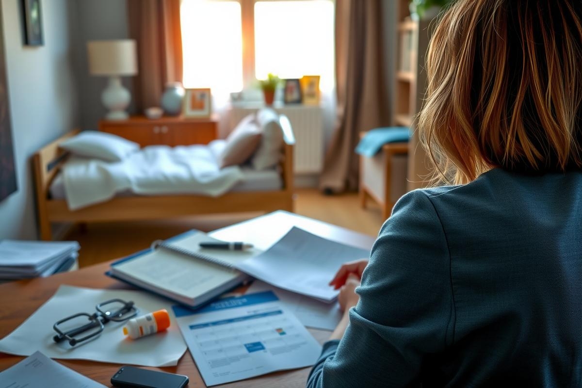 A woman seated at a desk in a room, engrossed in reviewing documents, with a cluttered workspace indicating focus on tasks.