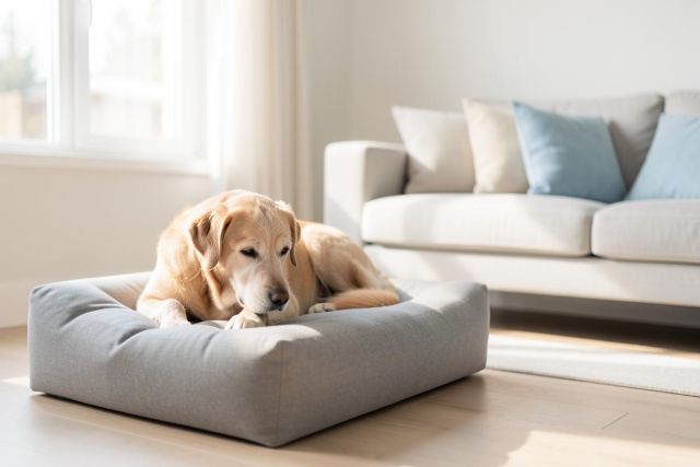 A calm golden Labrador Retriever rests in a grey dog bed on a light wood floor in a bright, modern living room. The sunlit interior features a white sofa with blue and beige pillows, creating a cozy and peaceful domestic atmosphere.