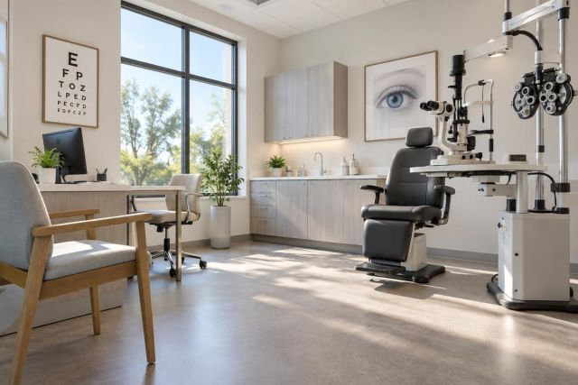 Bright ophthalmology exam room with eye chart, exam chair, phoropter, and consultation desk.