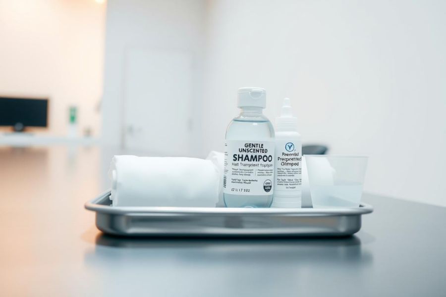 Hotel amenities on a silver tray. Includes a shampoo bottle, conditioner, and rolled towels. Clean, modern bathroom setting with a gray color scheme.
