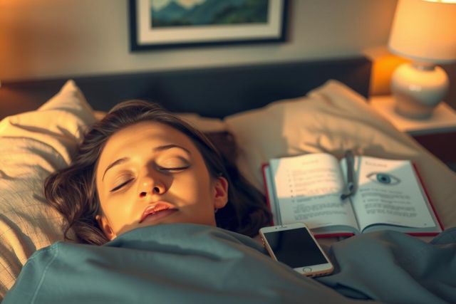 This is an image of a young woman in bed. She appears to be asleep, with her eyes closed and a serene expression on her face. The environment around her suggests that she is in a comfortable, domestic setting, possibly her own room or a guest suite. There are no texts visible in the image. 