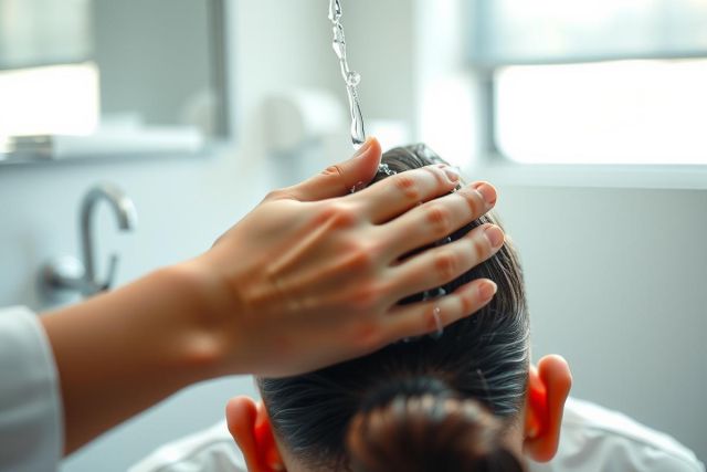 Close-up of a person washing hair in a bathroom. Water droplets are visible, highlighting the cleansing process.  The scene is simple, focusing on hygiene and personal care.